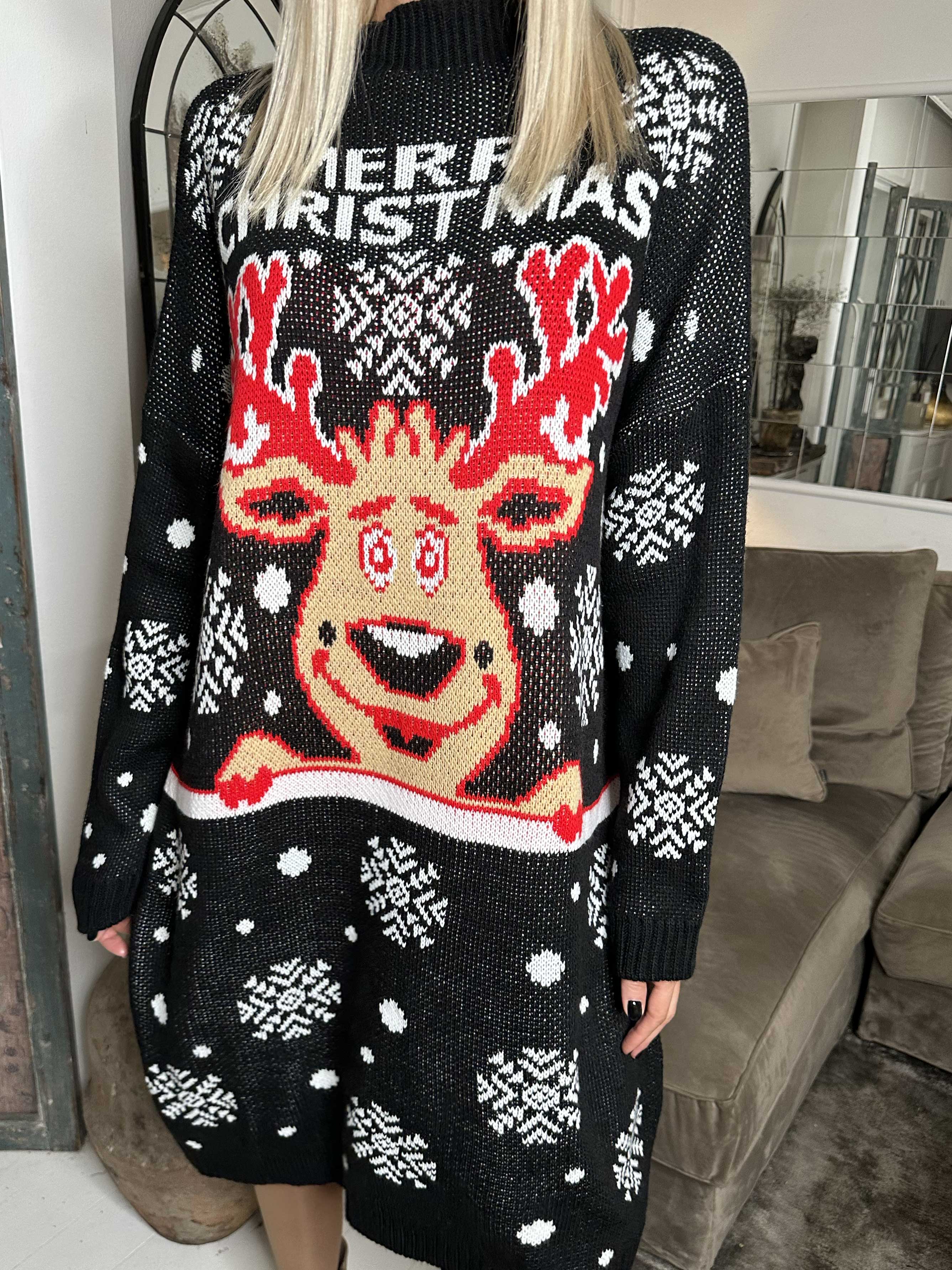 Rudolf - Stickad julklänning med snöflingor och rudolfmotiv